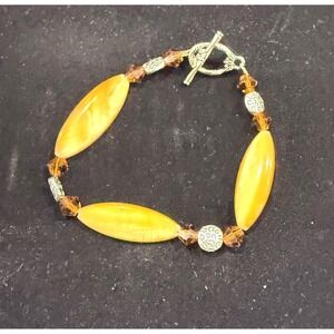 Vintage Amber Yellow Beaded Bracelet Silver Tone Toggle Clasp